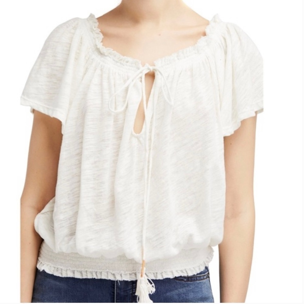 Free People Women's Hummingbird Tee Blouse Ivory Size XS Tie Neck Ruche Linen.